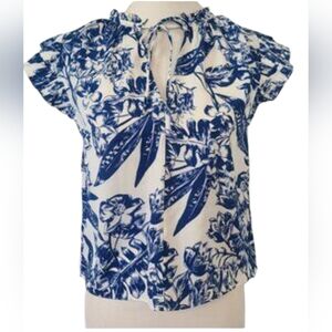 Abercrombie & Fitch Ruffled Angel Cap Sleeve Blue & White Floral‎ Blouse Size XS